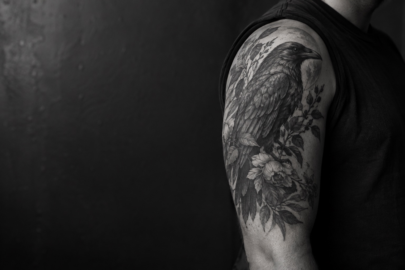 Black and grey raven and botanical tattoo on an adult upper arm